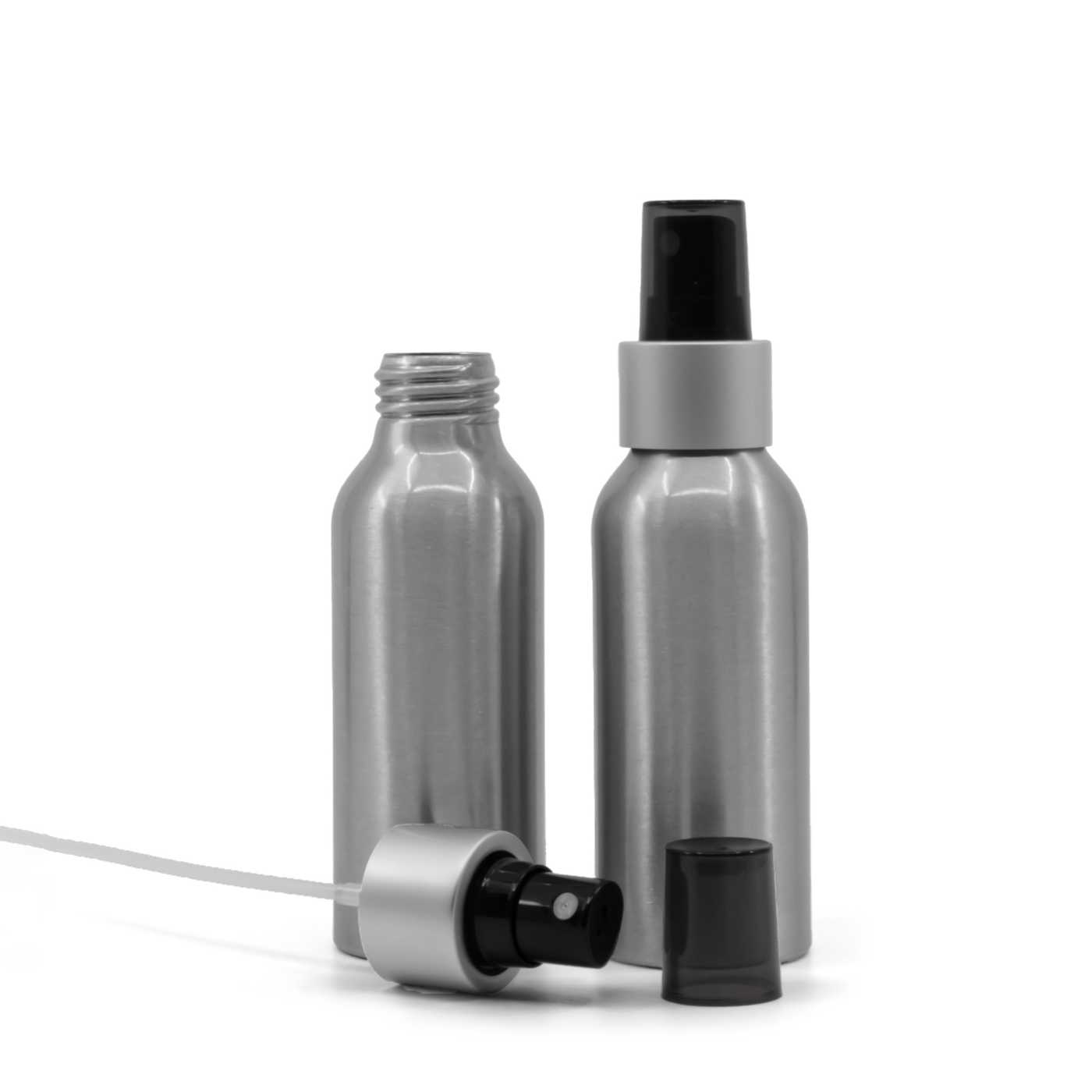 Alumínium palack, fekete finompermetező, matt ezüst gyűrű, füstös felső kupak, 100 ml
