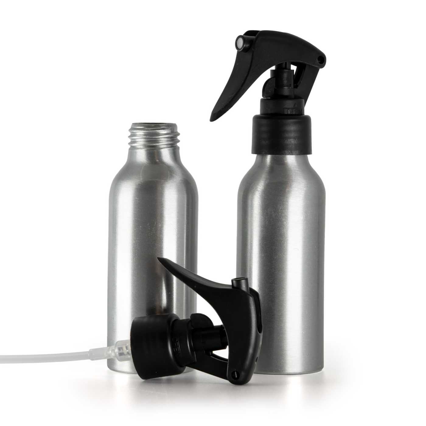 Alumínium üvegcse, matt fekete pisztolyos szórófej, sima gyűrű, 100 ml