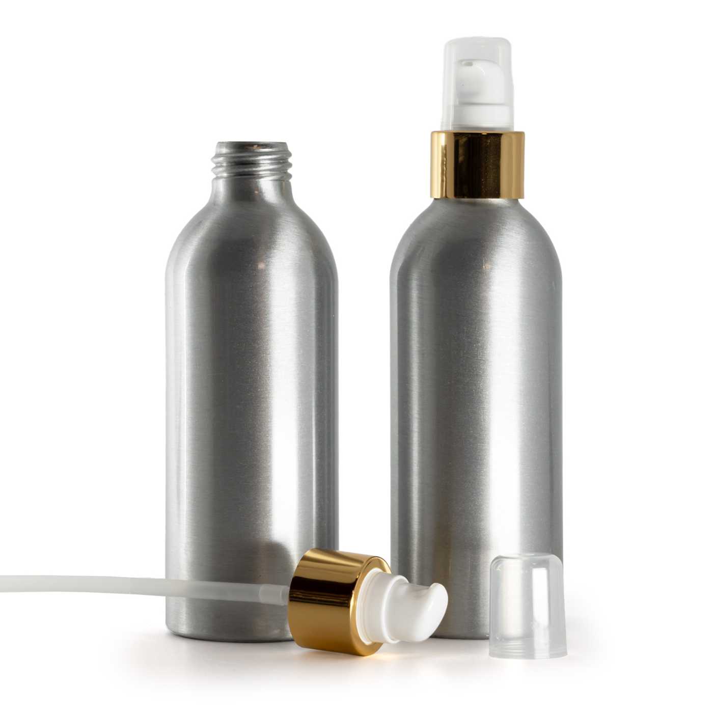 Butelka aluminiowa, biała pompka do balsamu z nasadką, błyszczące złoto, 200 ml