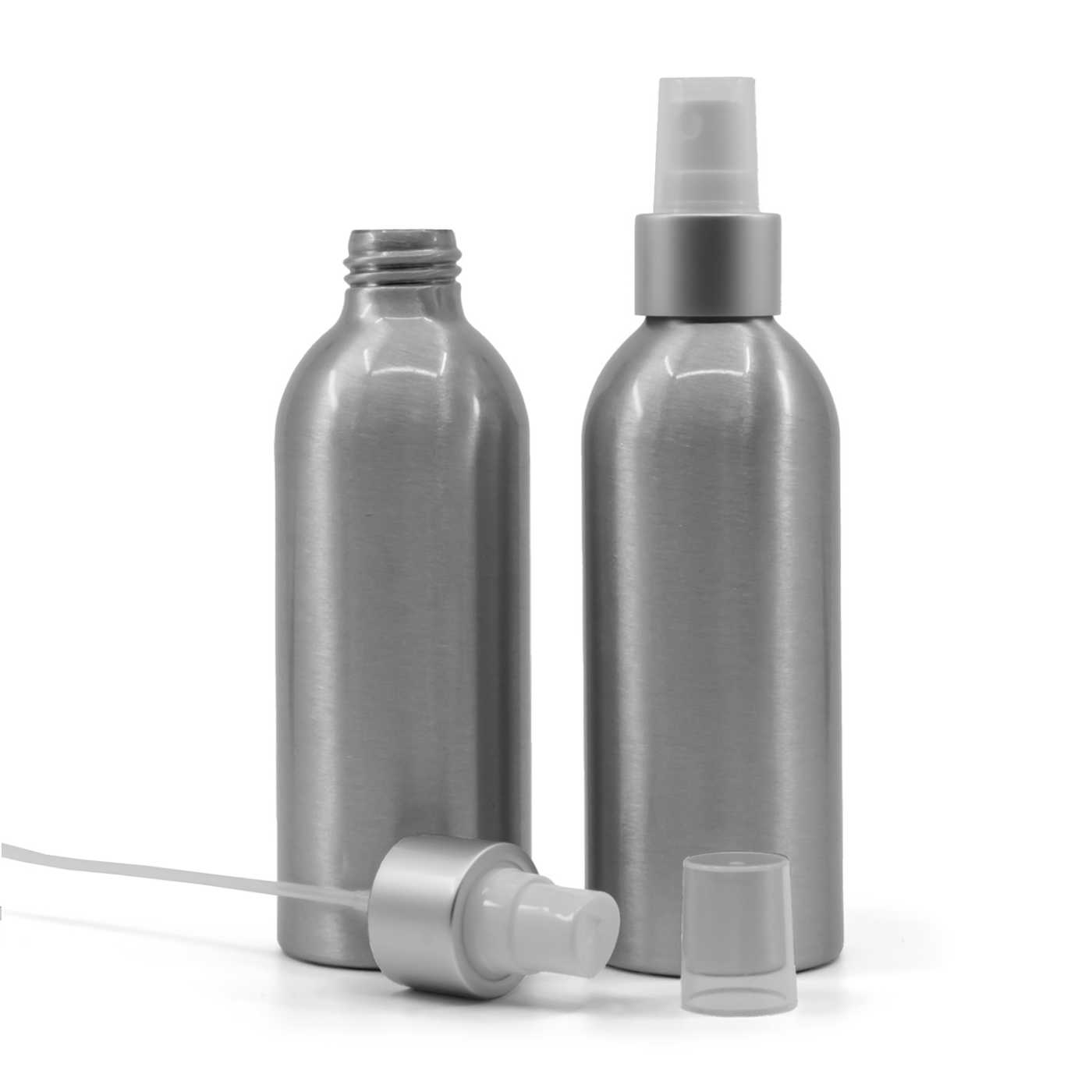 Butelka aluminiowa, biały atomizer, matowa srebrna obręcz, 200 ml