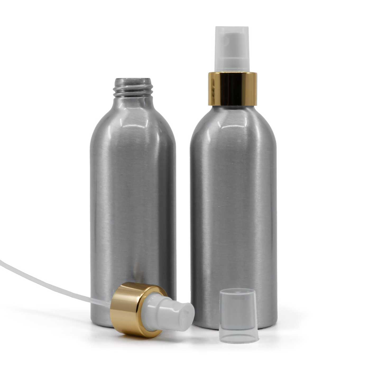 Butelka aluminiowa, biały atomizer, błyszcząca złota obręcz, 200 ml