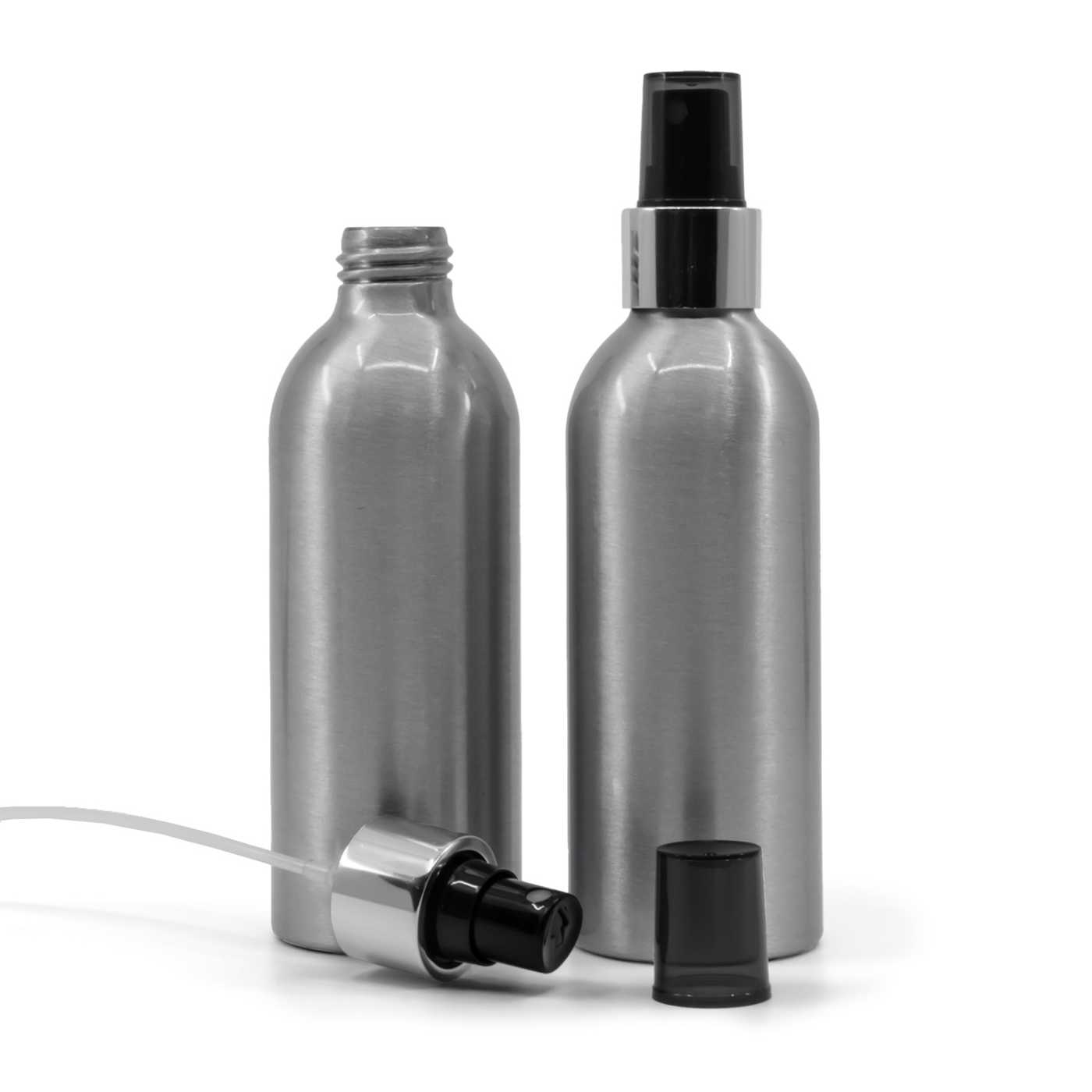 Butelka aluminiowa, czarny atomizer z błyszczącą srebrną obręczą, 200 ml