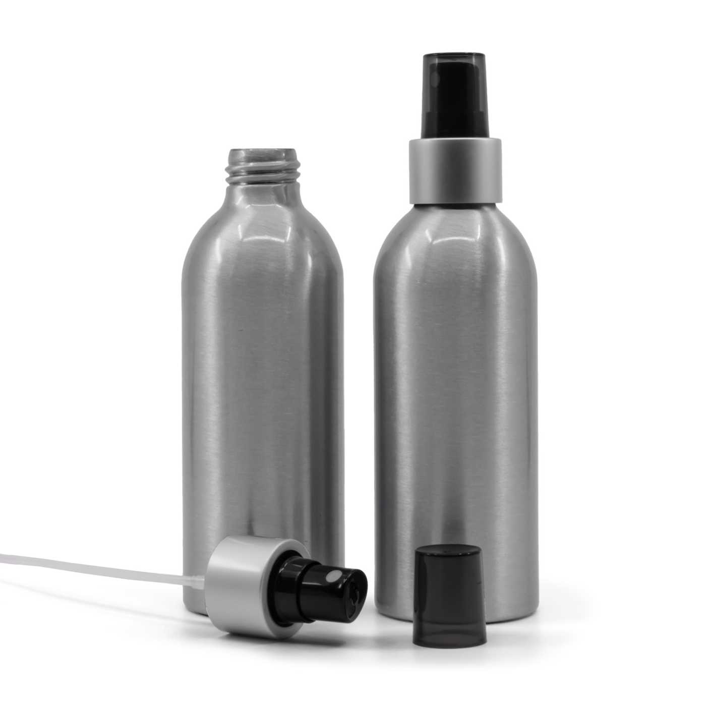 Butelka aluminiowa, czarny atomizer z matową srebrną obręczą, przydymiona nasadka, 200 ml