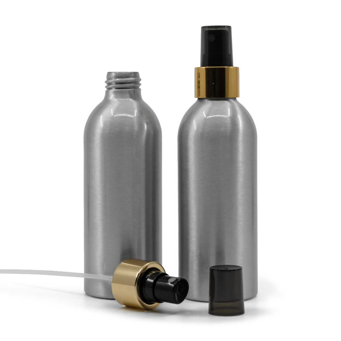 Butelka aluminiowa, czarny atomizer, błyszcząca złota obręcz, 200 ml