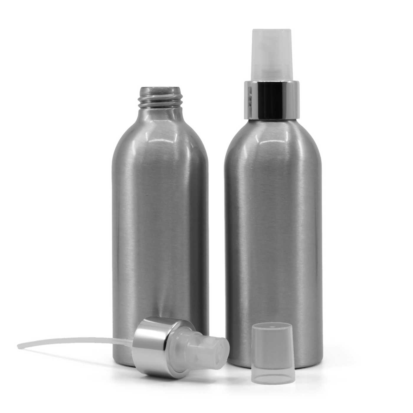 Butelka aluminiowa, przezroczysty atomizer z błyszczącą srebrną obręczą, 200 ml
