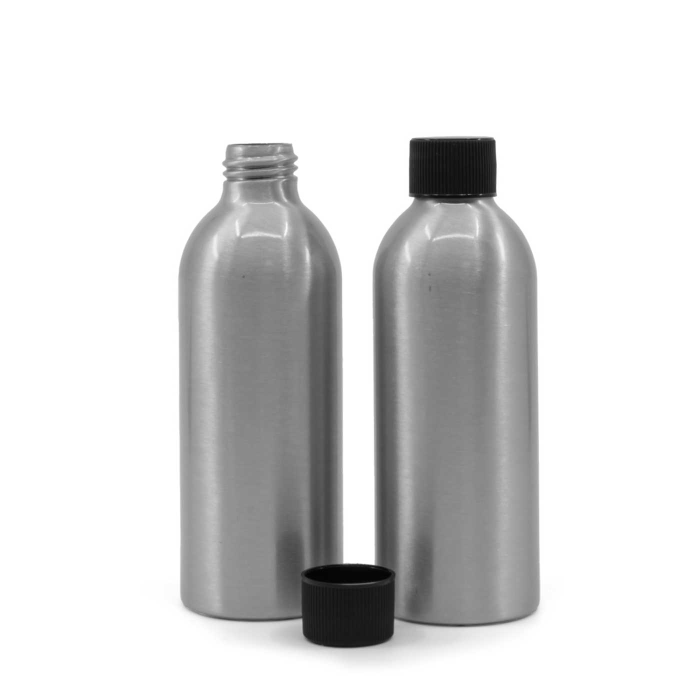Butelka aluminiowa z czarną karbowaną nakrętką, 200 ml