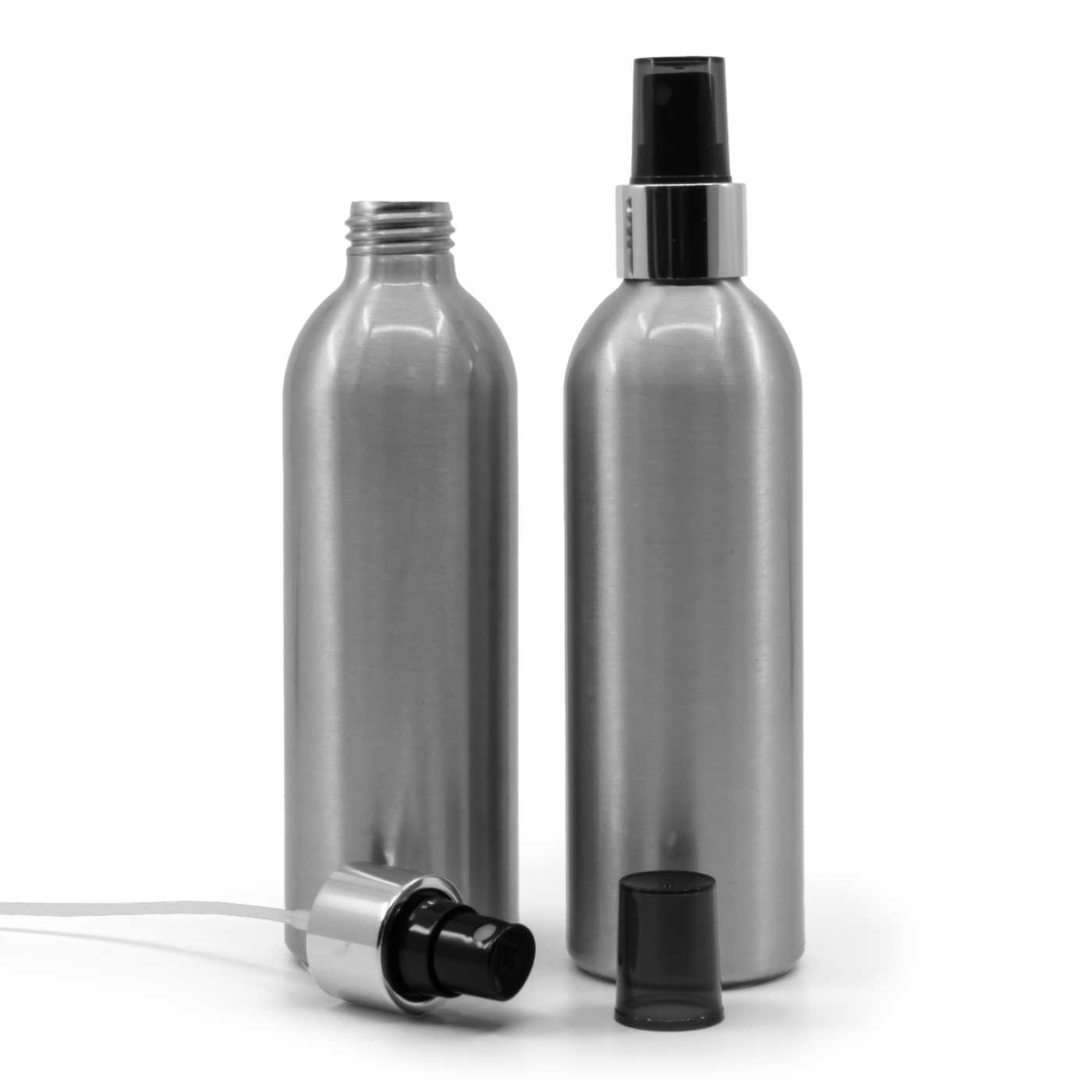 Alumínium palack, fekete szórófej, fényes ezüst gyűrű, 225 ml