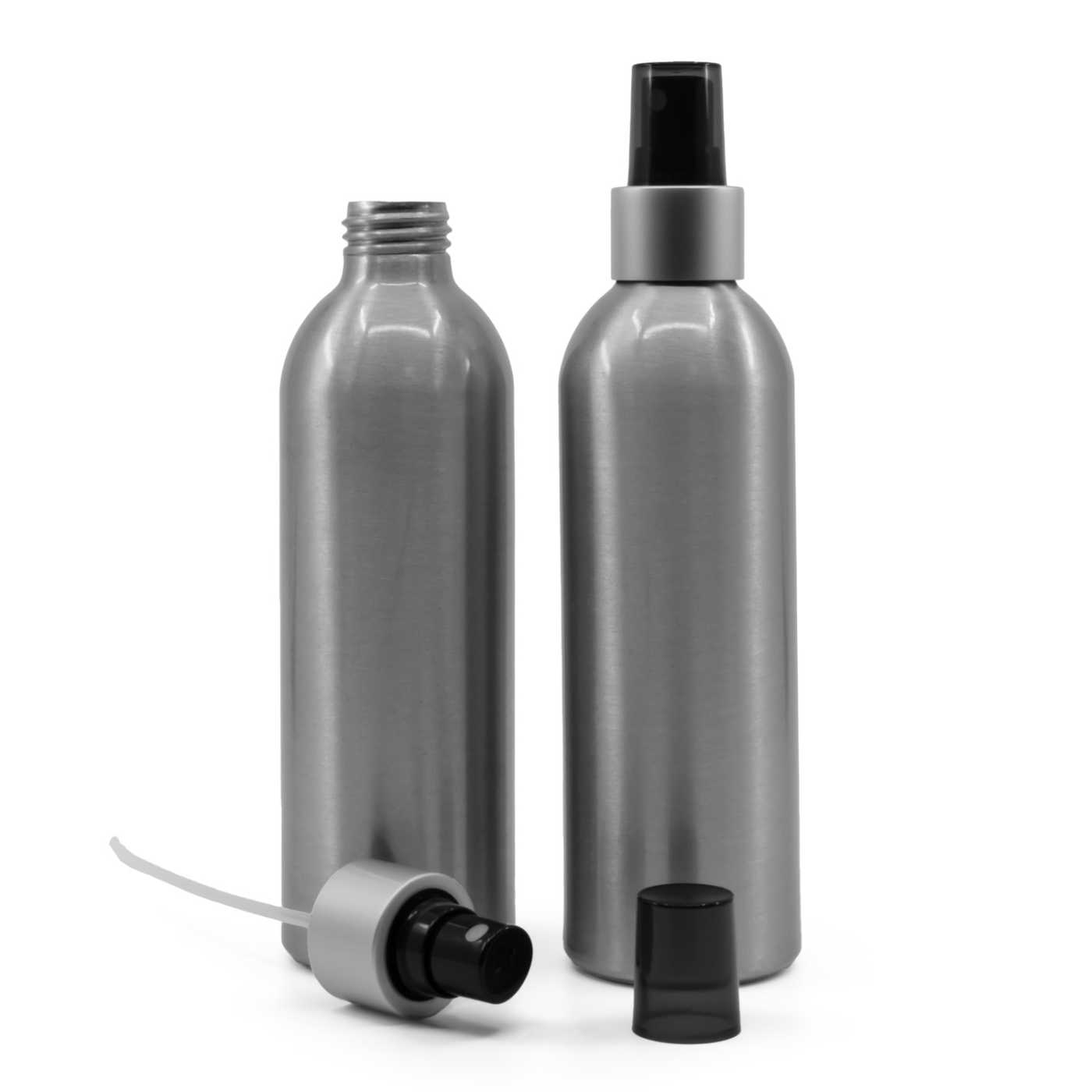 Alumínium palack, fekete szórófej, matt ezüst gyűrű, füstös felső kupak, 225 ml