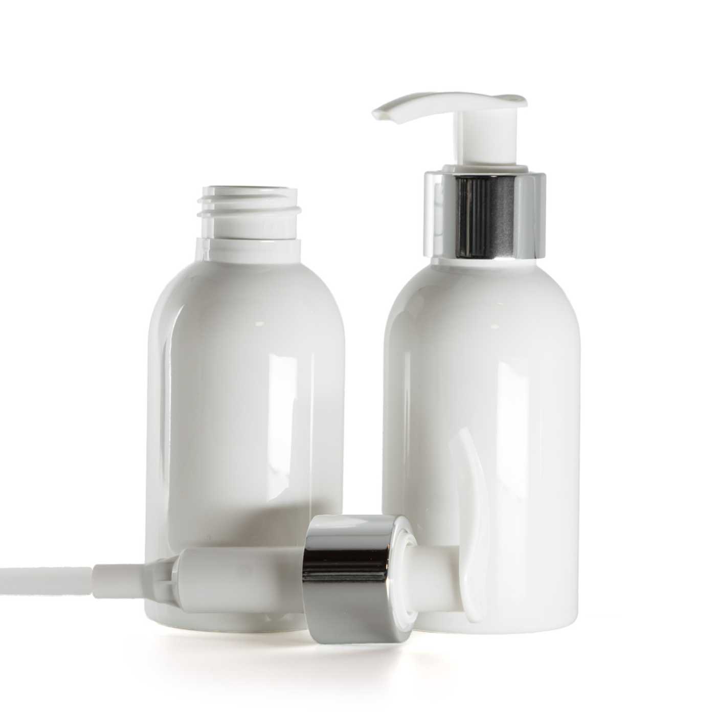 Műanyag üvegcse, fehér, fehér adagoló ezüst gyűrűvel, 100 ml
