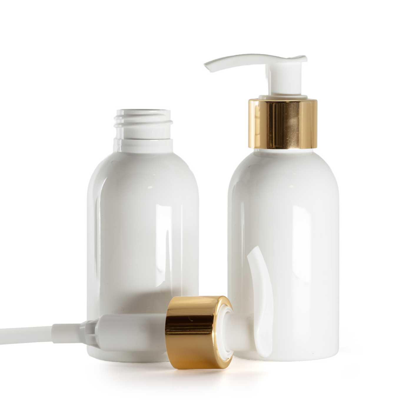 Flacon en plastique blanc, distributeur blanc avec collerette dorée lisse, 100 ml