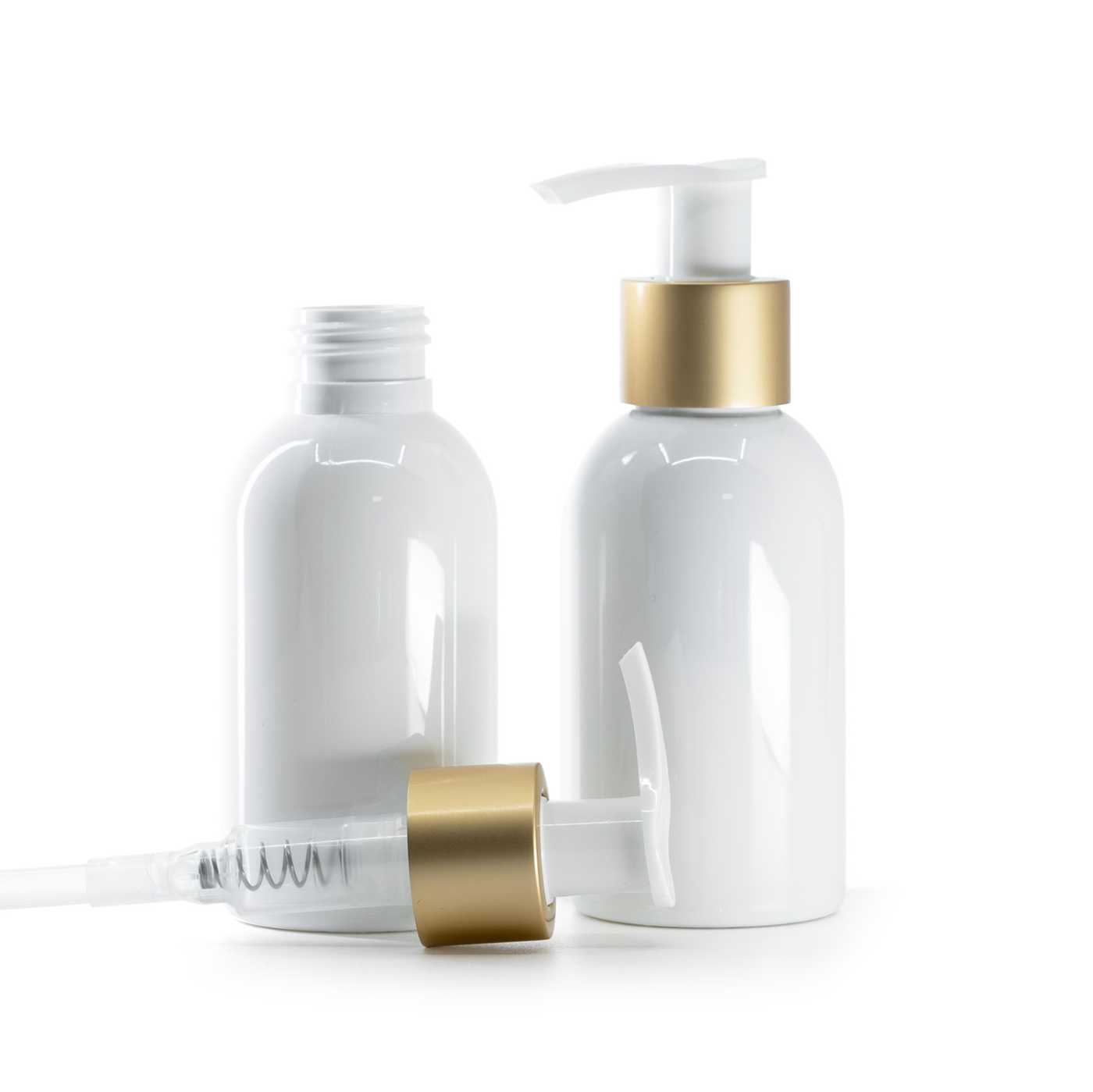 Flacon en plastique blanc, pompe blanche avec bague or mat, 100 ml
