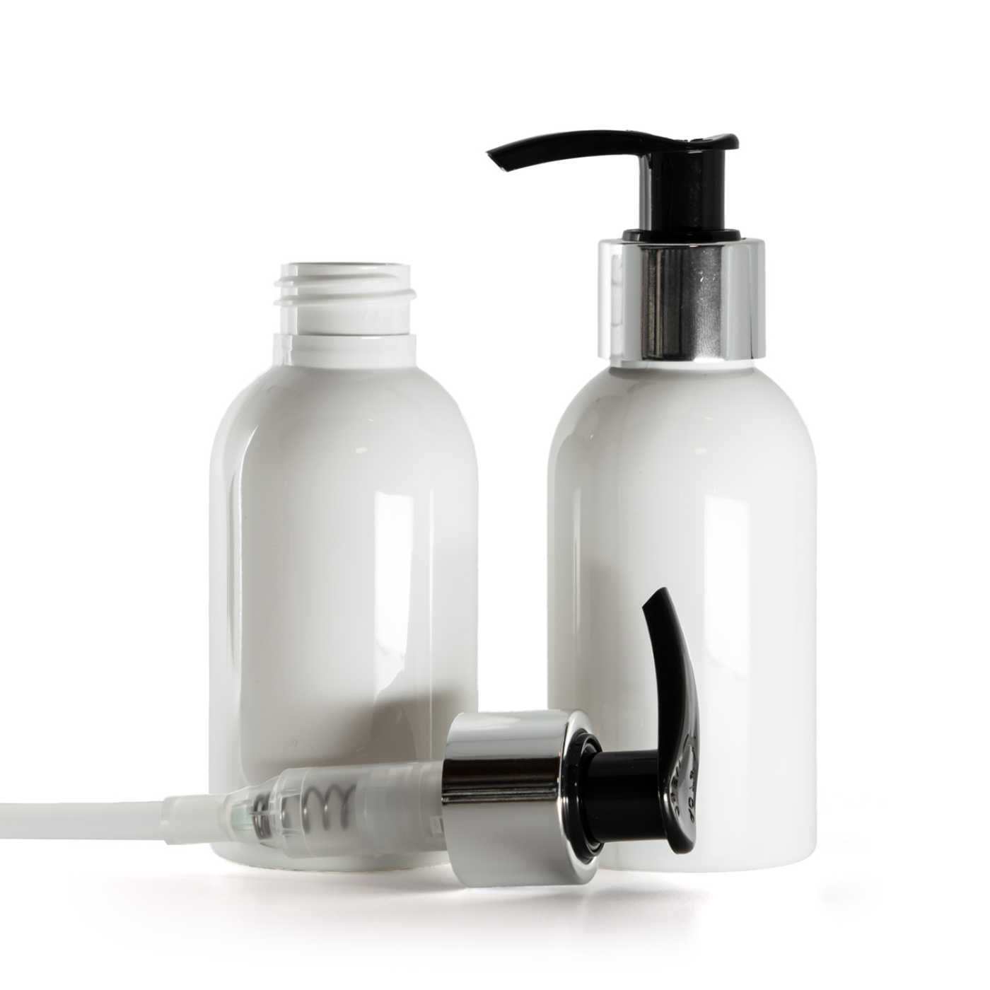 Flacon en plastique blanc, distributeur noir et argenté, 100 ml