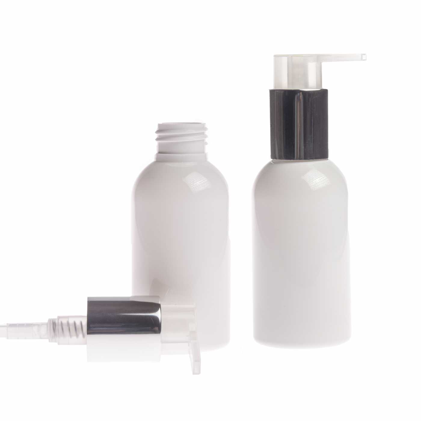 Weiße Kunststofffläschchen, silberne Pumpe, 100 ml