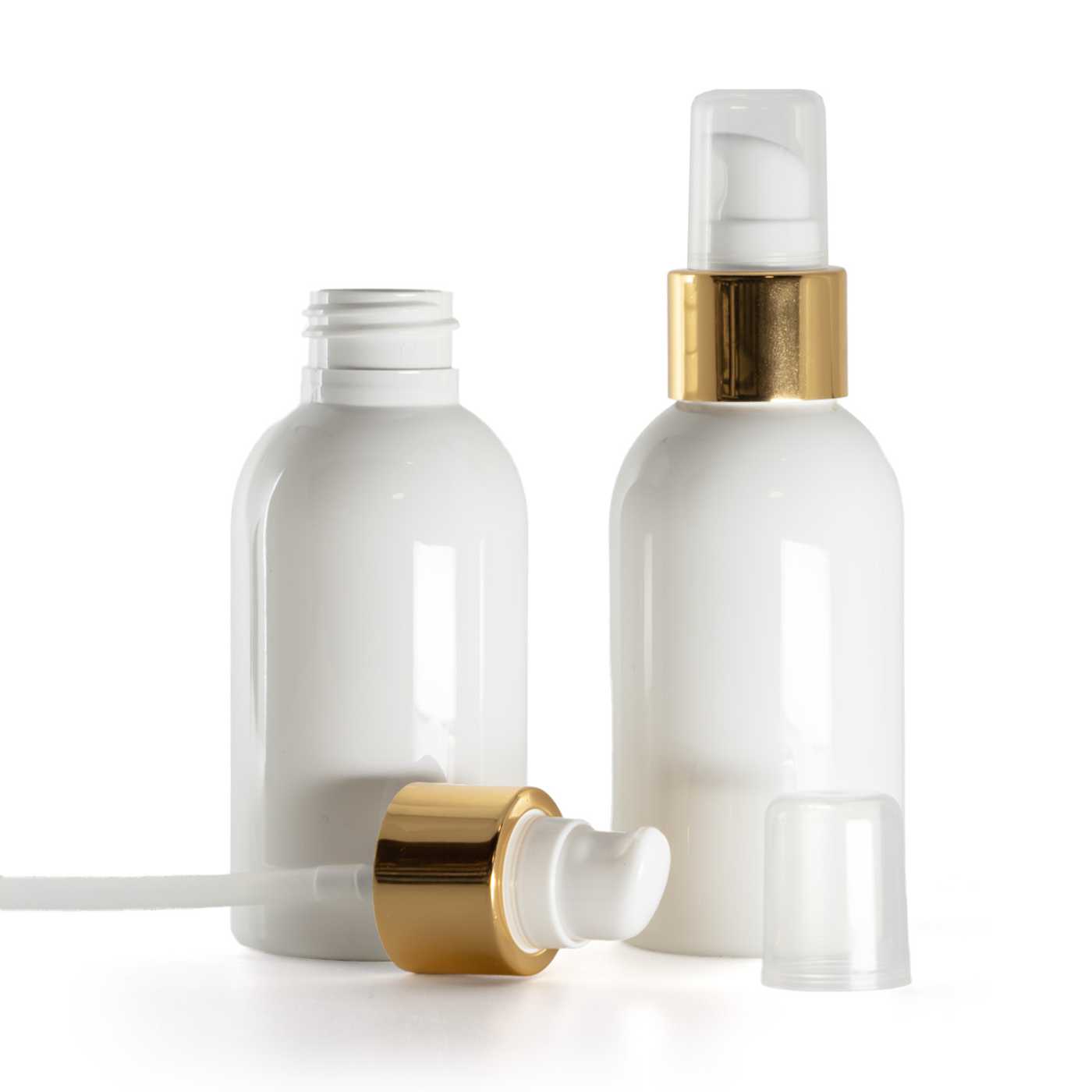 Flacon en plastique blanc, pompe lotion blanche avec surcapuchon, doré brillant, 100 ml