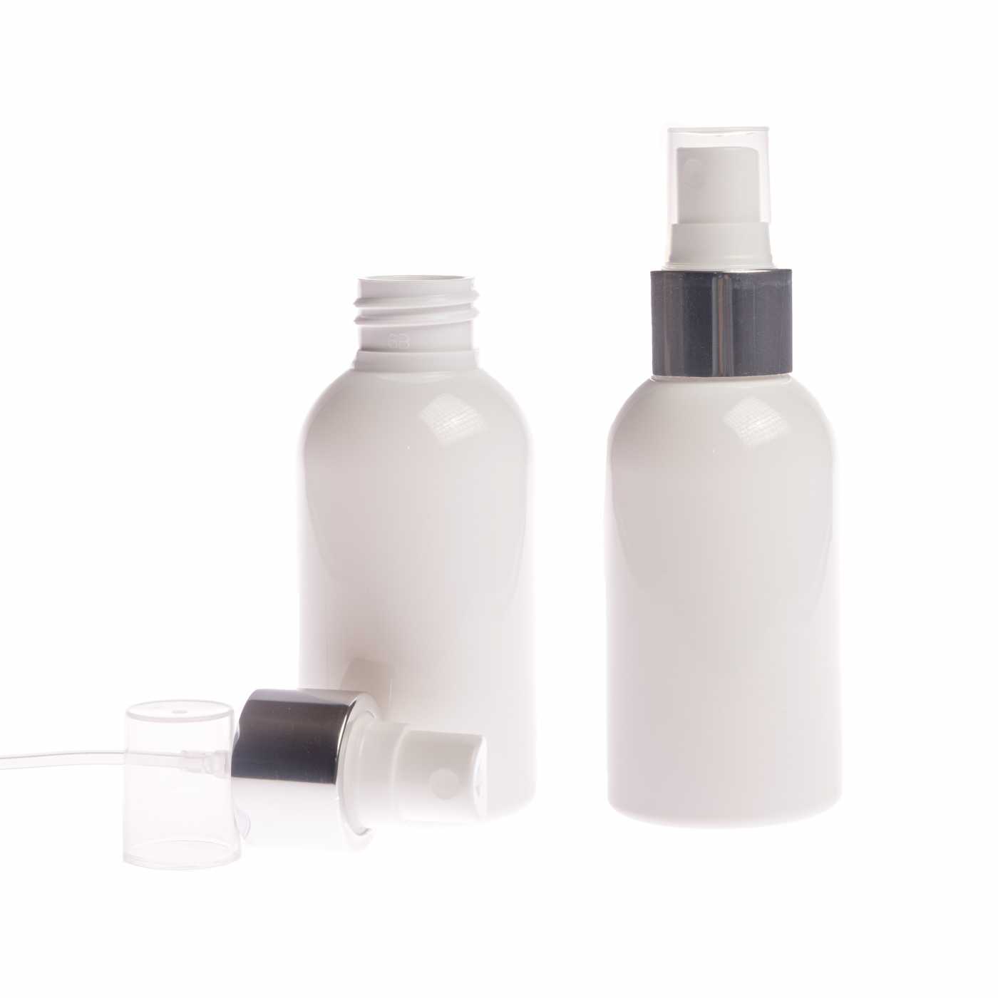 Flacon en plastique blanc, spray brume fine blanc, collerette argentée brillante, 100 ml