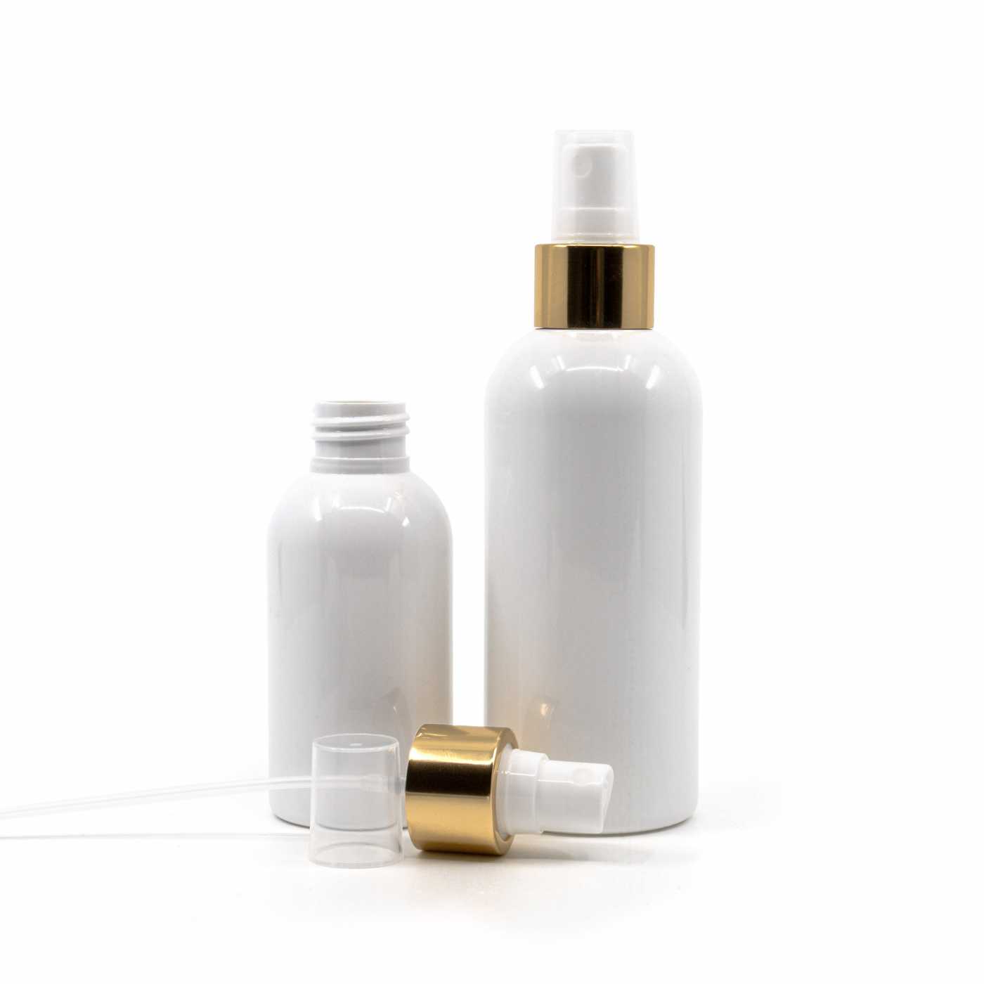 Flacon en plastique blanc, spray brume fine blanc, bague dorée brillante, 100 ml