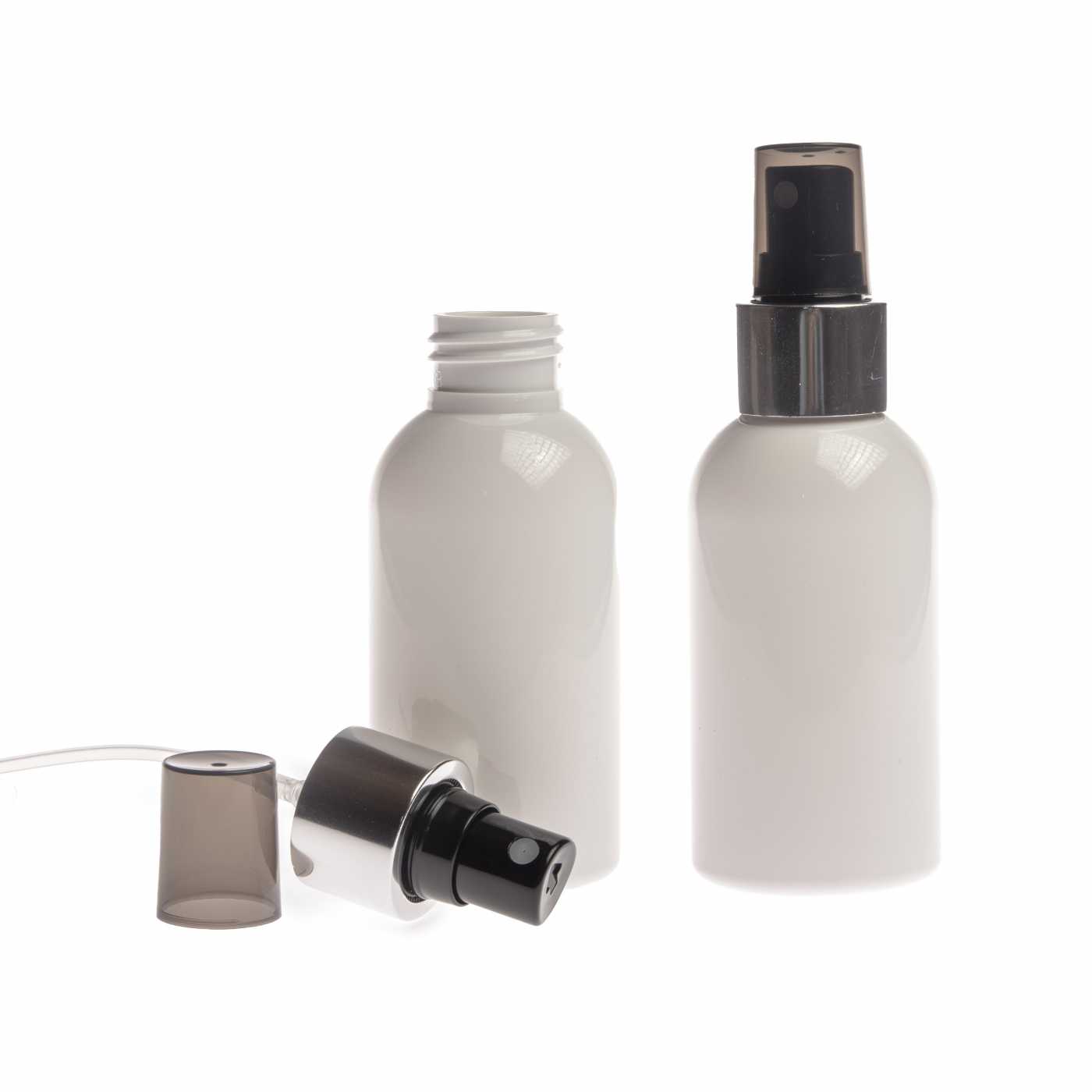 Flacon en plastique blanc, spray brume fine noir, bague argentée brillante, 100 ml