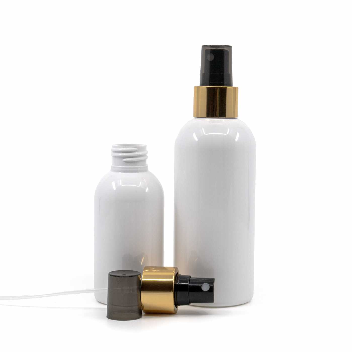 Flacon en plastique blanc, spray noir, bague dorée brillante, 100 ml