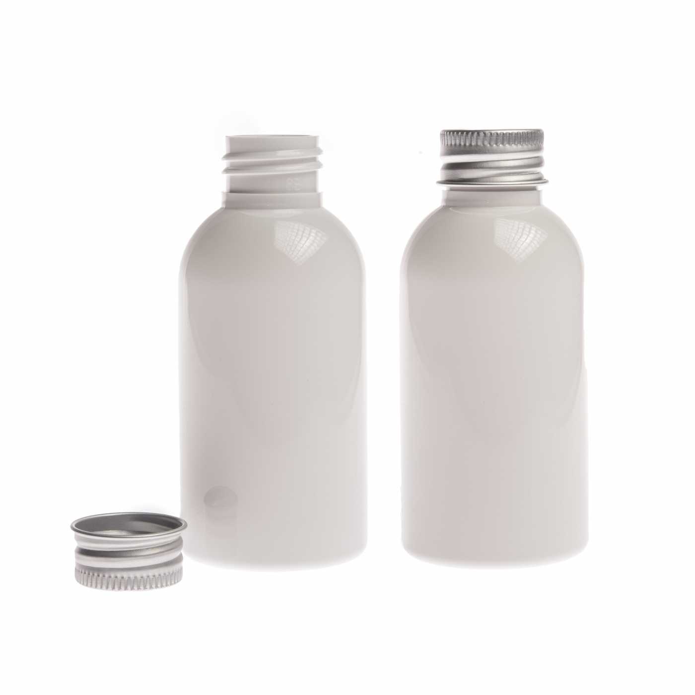 Flacon en plastique blanc, bouchon en aluminium, 100 ml