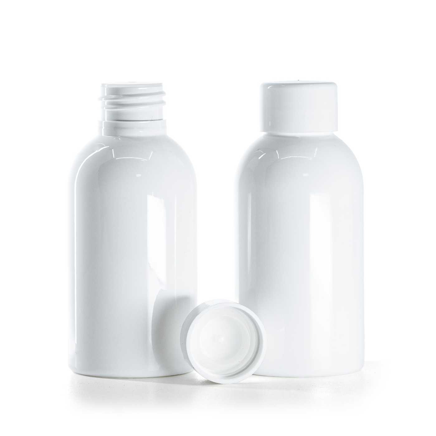 Flacon en plastique blanc, bouchon blanc lisse avec réducteur, 100 ml