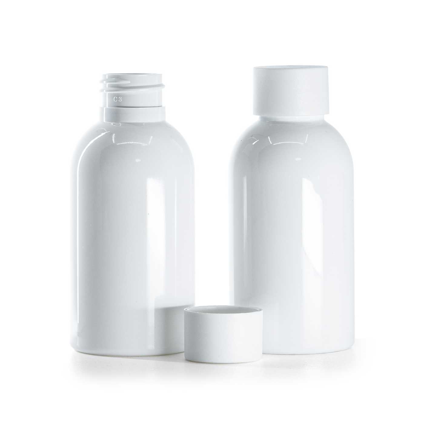 Flacon en plastique blanc, bouchon blanc mat, 100 ml