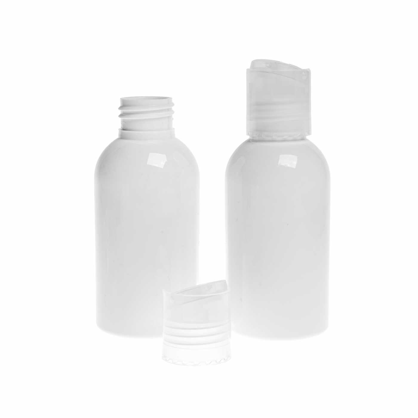 Flacon en plastique blanc, bouchon disc-top transparent, 100 ml
