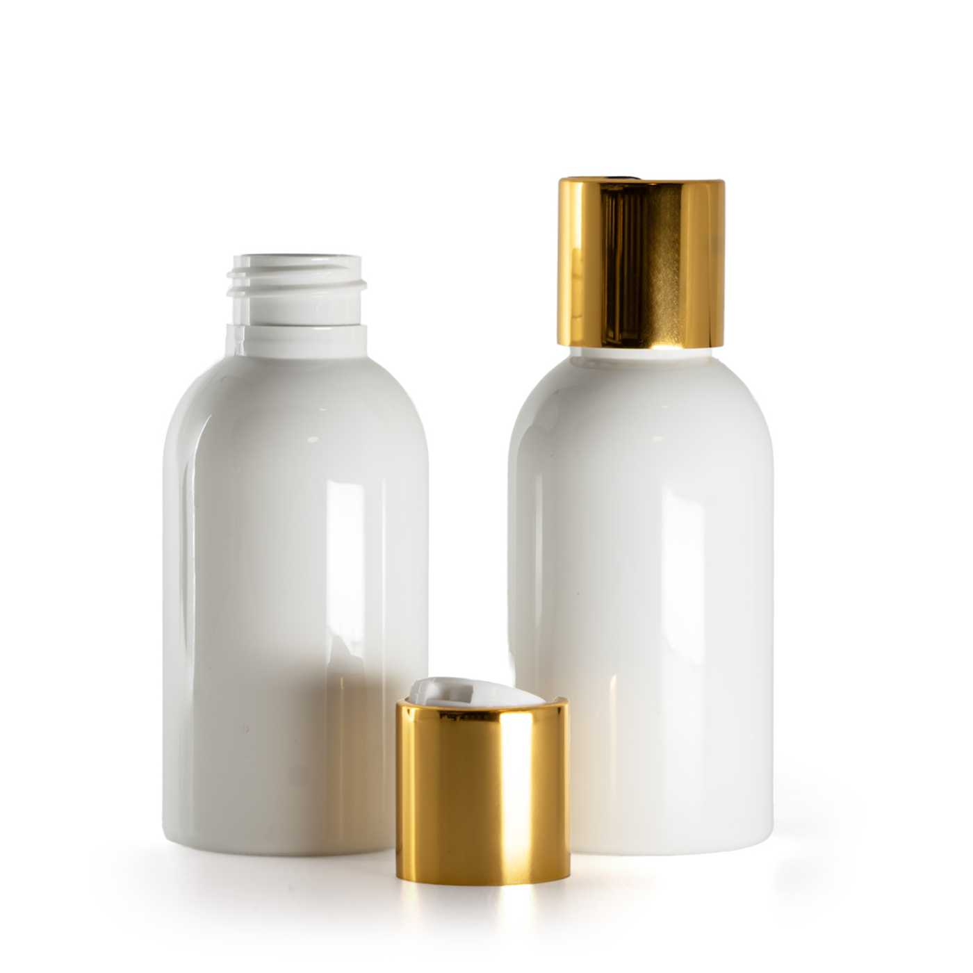 Flacon en plastique blanc, bouchon disc-top blanc, bague dorée, 100 ml