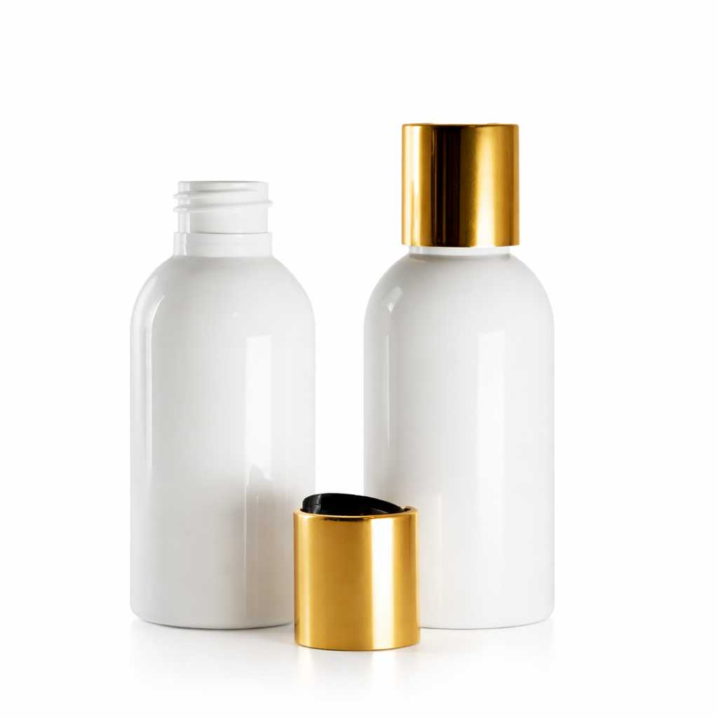 Flacon en plastique blanc, bouchon disc-top doré avec insert noir, 100 ml
