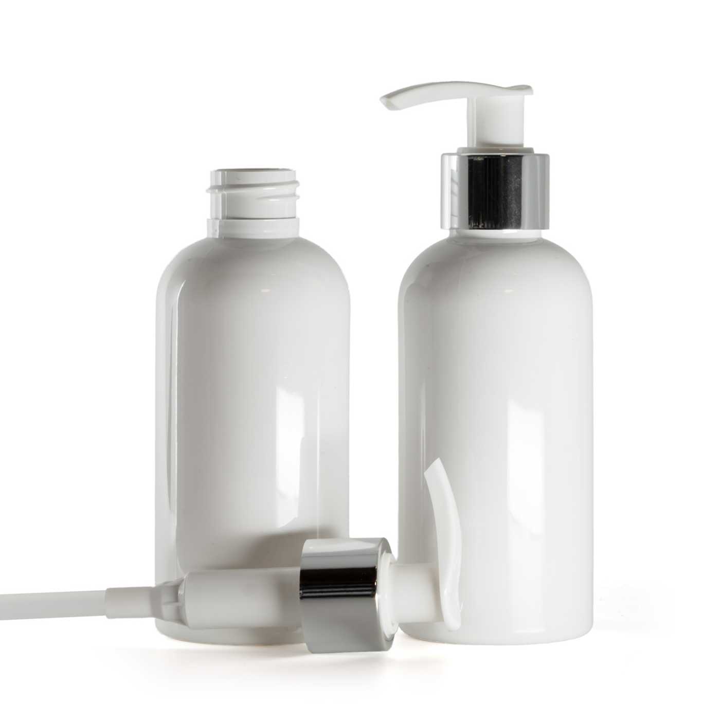Bouteille en plastique blanche, distributeur blanc avec bague argentée lisse, 150 ml