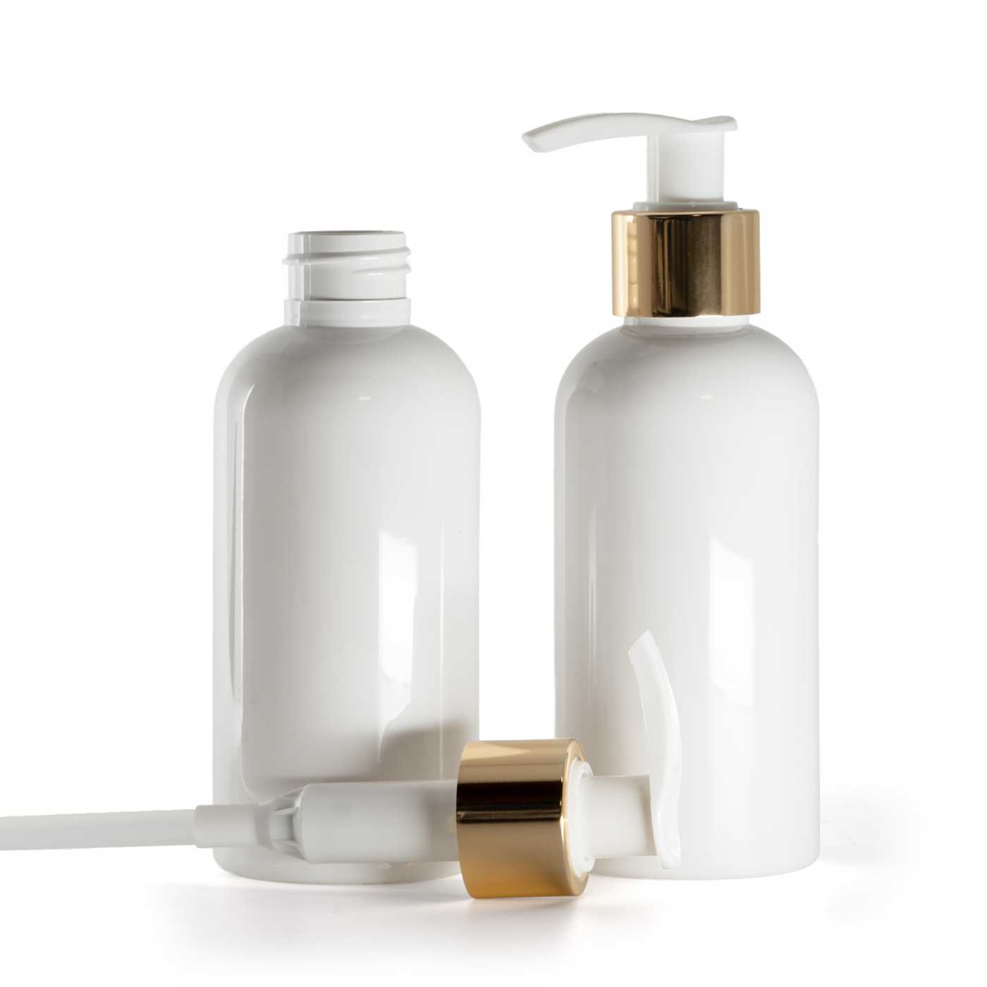 Bouteille en plastique blanche, pompe lotion blanche avec collerette lisse dorée brillante, 150 ml