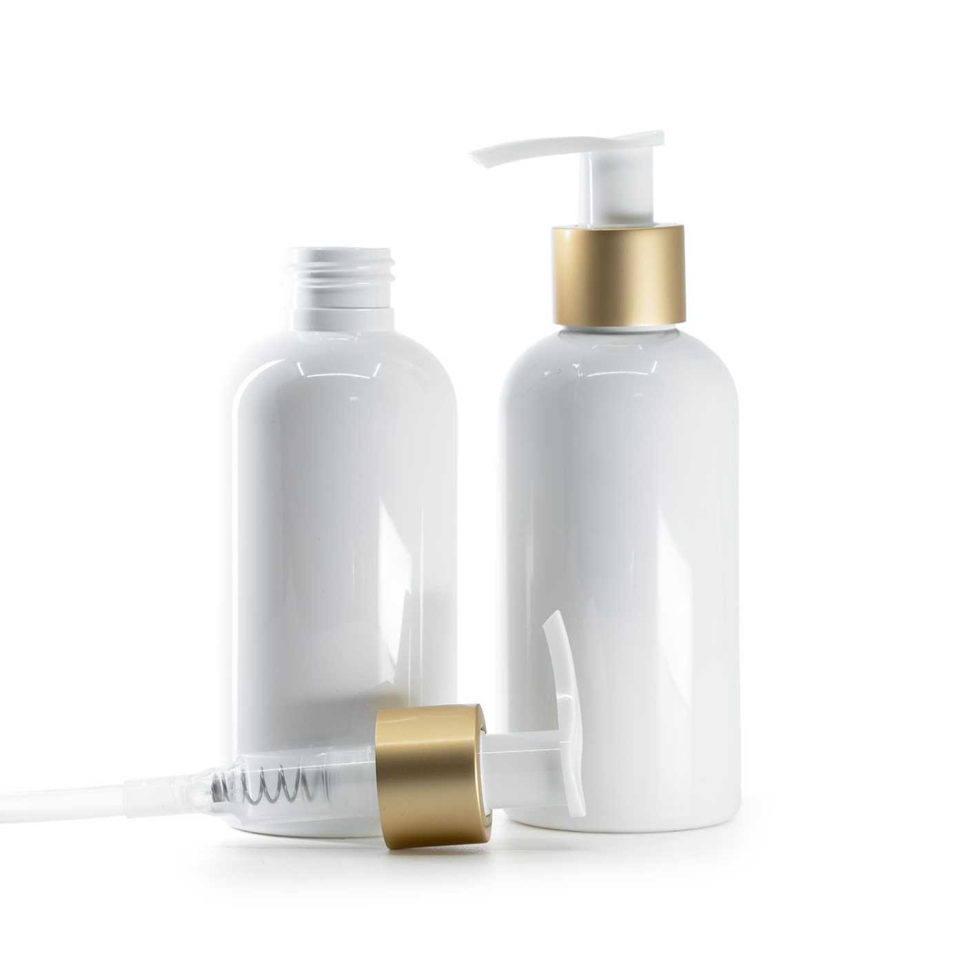 Bouteille en plastique blanche, pompe blanche avec bague doré mat, 150 ml