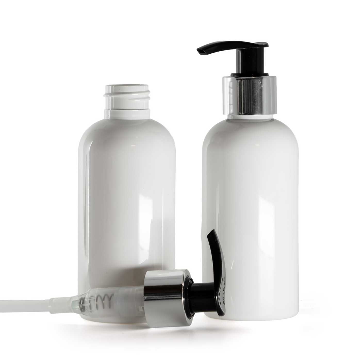 Bouteille en plastique blanche, distributeur noir et argenté, 150 ml