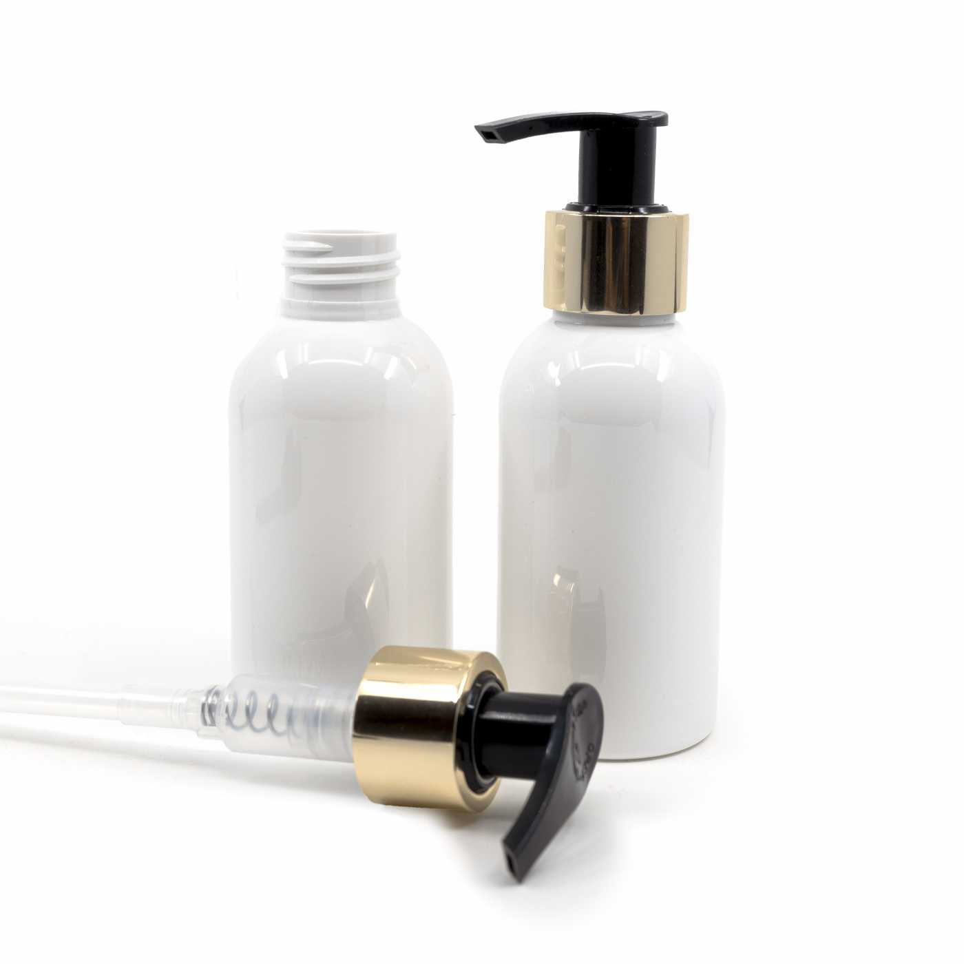 Bouteille en plastique blanche, pompe dorée, 150 ml