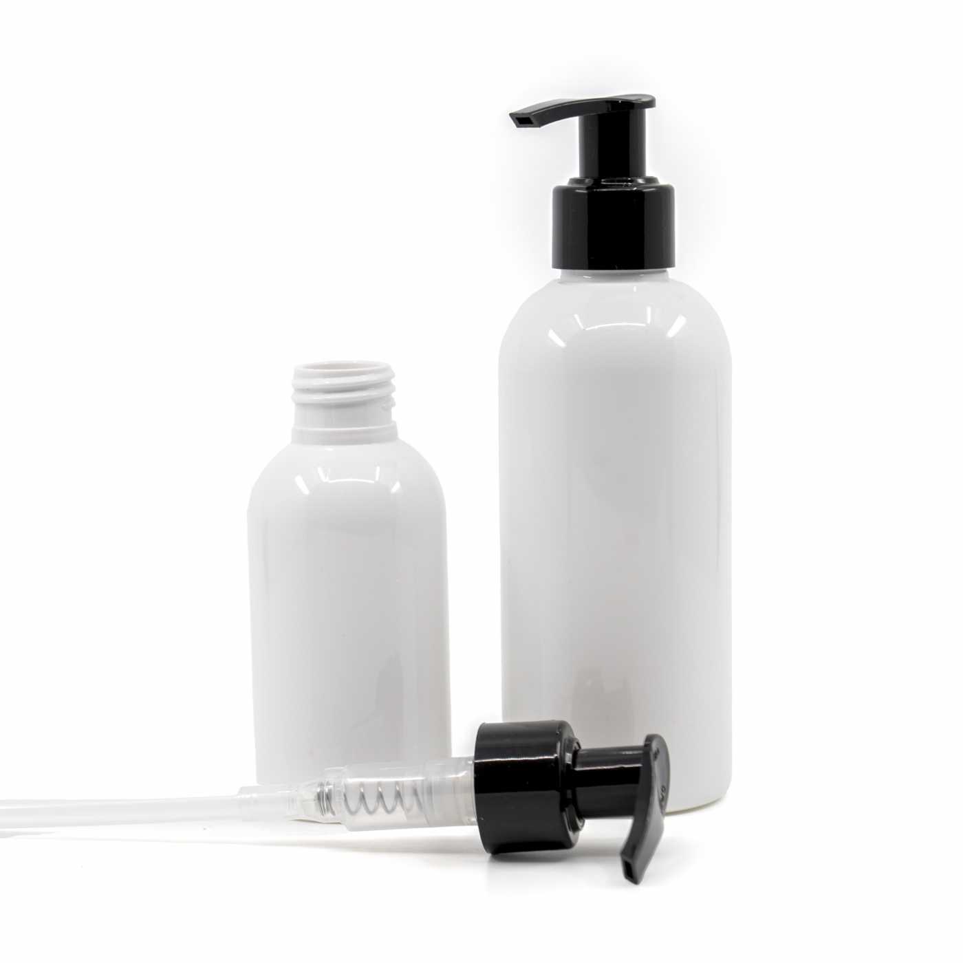 Bouteille en plastique blanche, distributeur noir, 150 ml