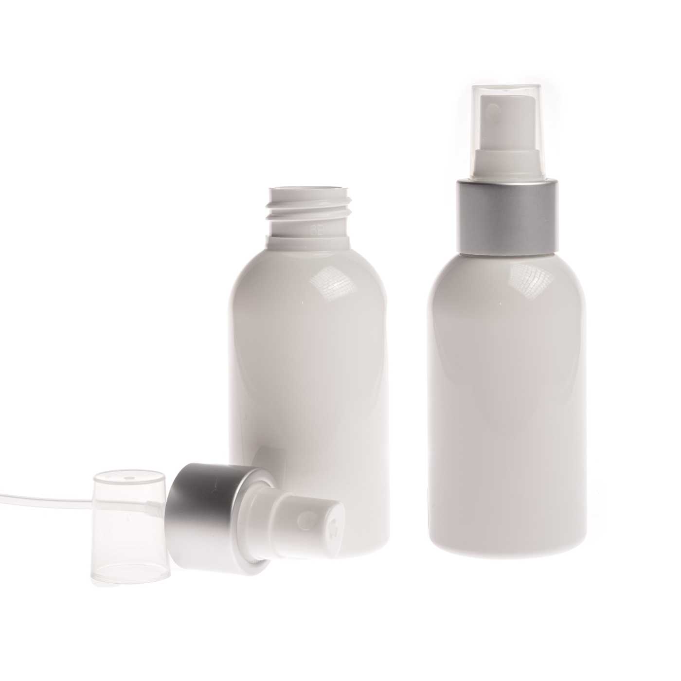 Flacon en plastique blanc, spray brume fine blanc, bague argentée mate, 150 ml