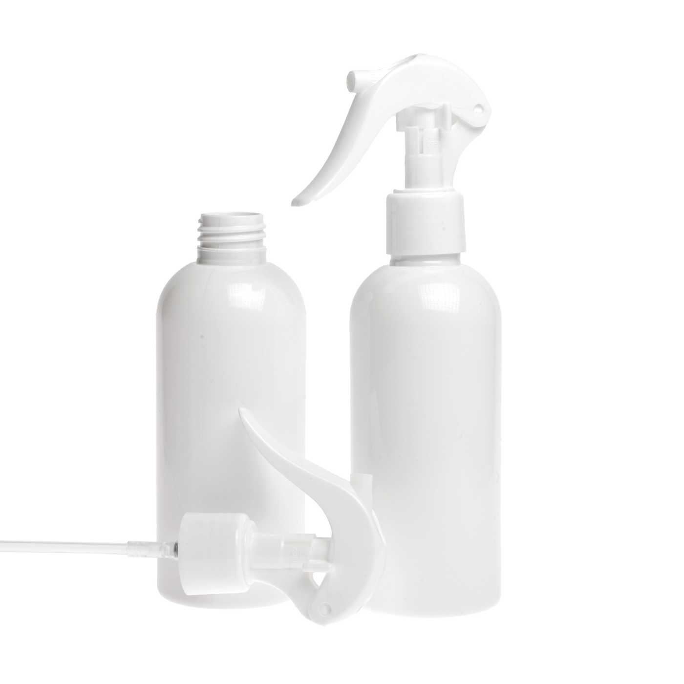 Bouteille en plastique blanche, pulvérisateur à gâchette blanc, 150 ml