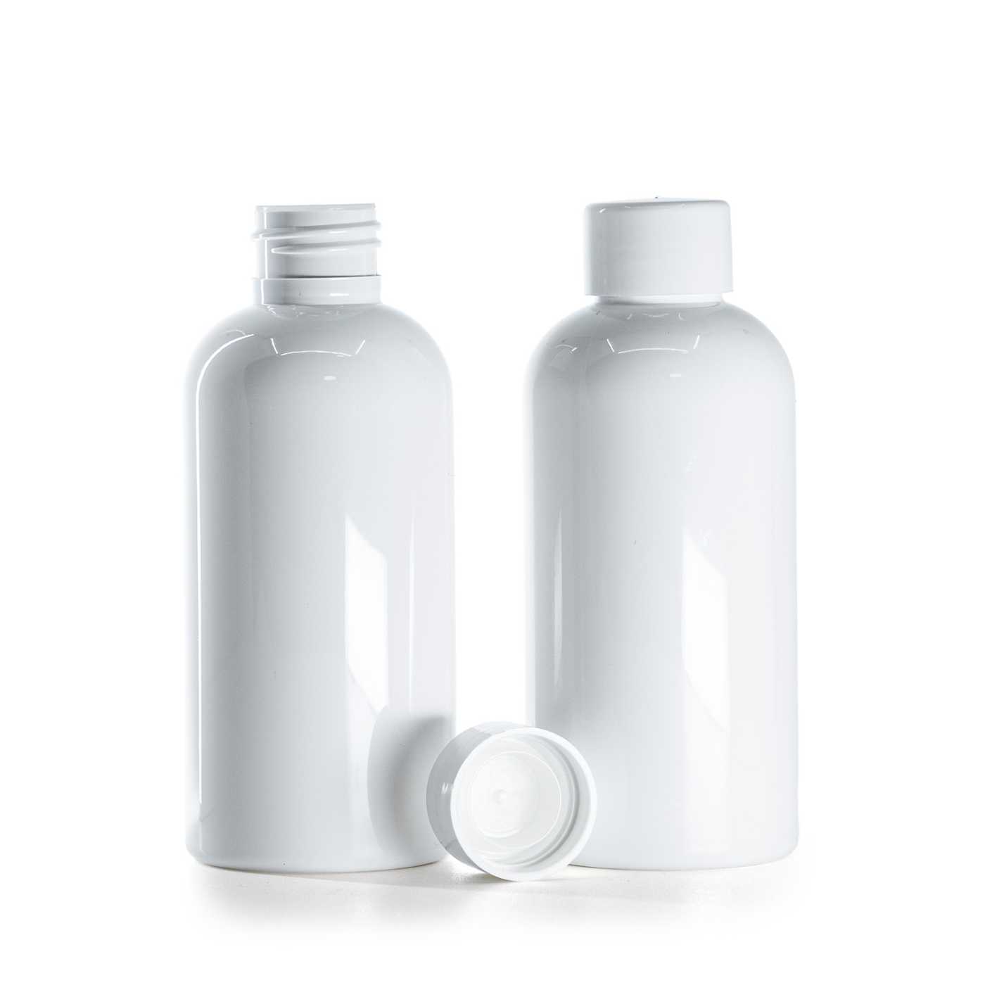 Bouteille en plastique blanche, bouchon blanc lisse avec réducteur, 150 ml