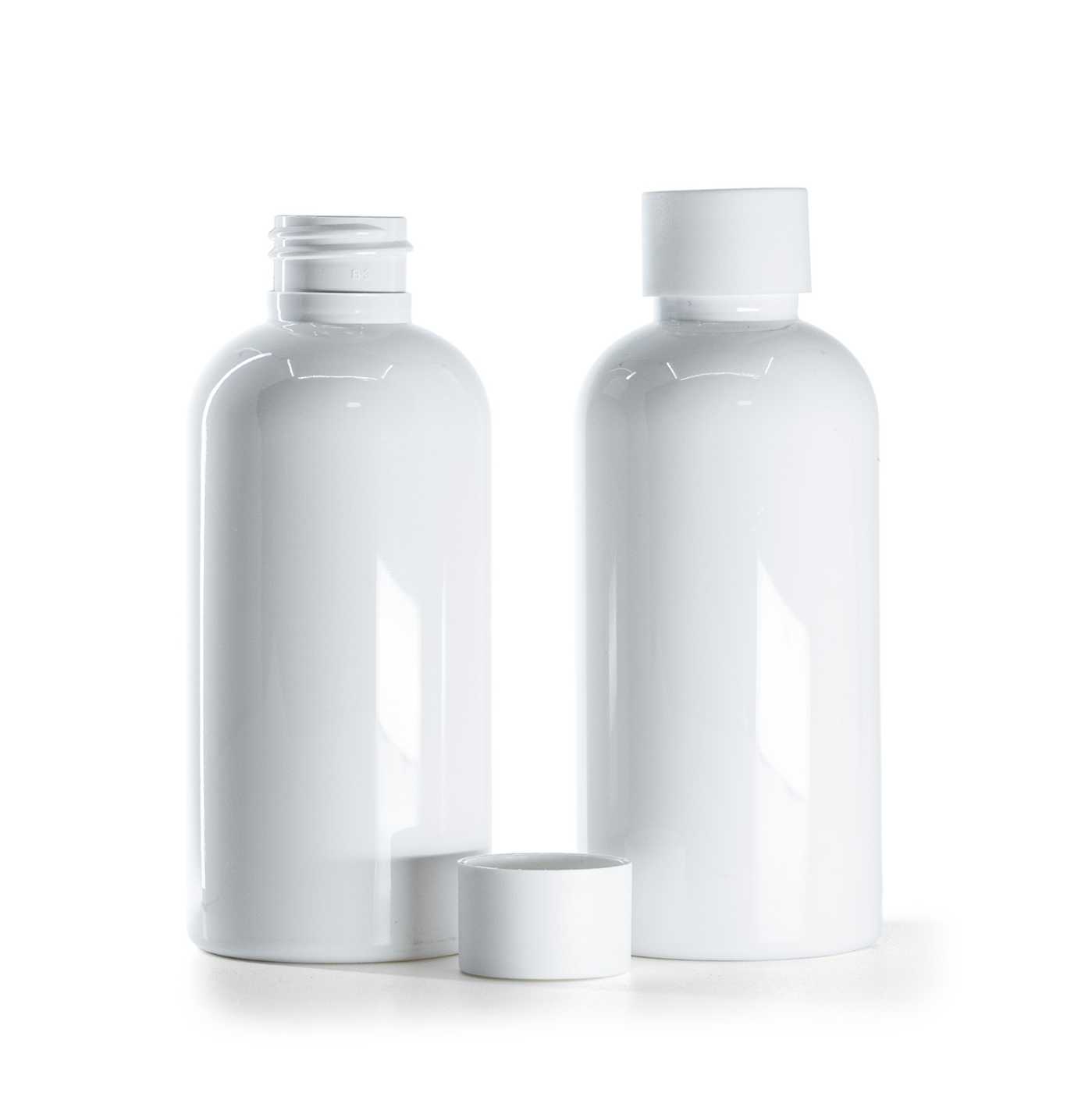 Bouteille en plastique blanche, bouchon blanc mat, 150 ml