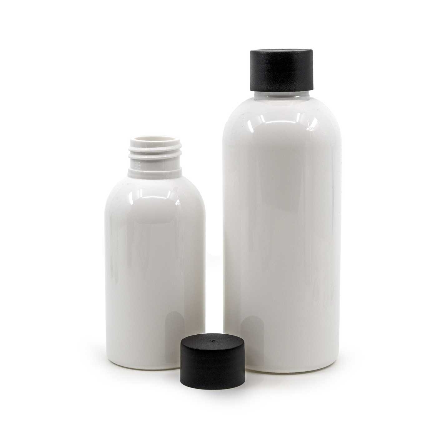 Bouteille en plastique blanche, 24/410, bouchon noir mat, 150 ml