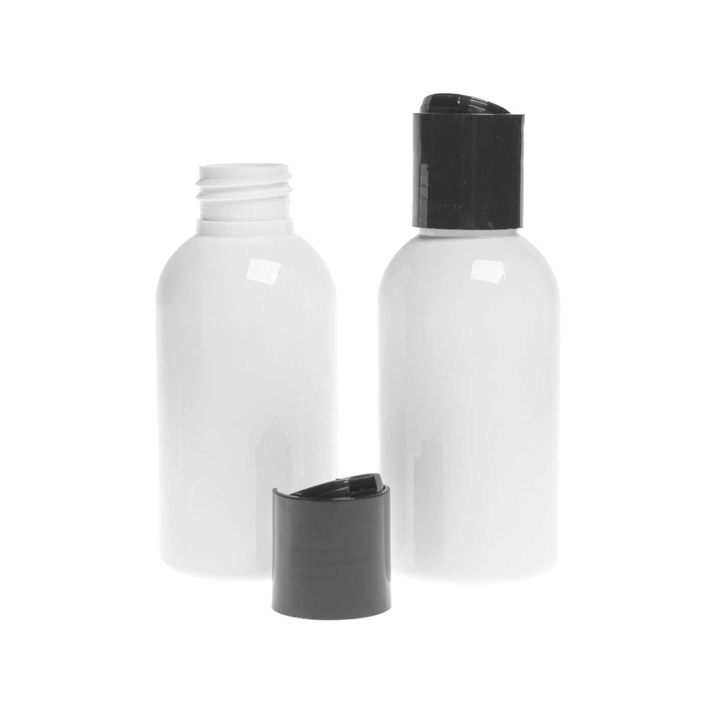 Butelka plastikowa biała z czarnym disc topem, 150 ml