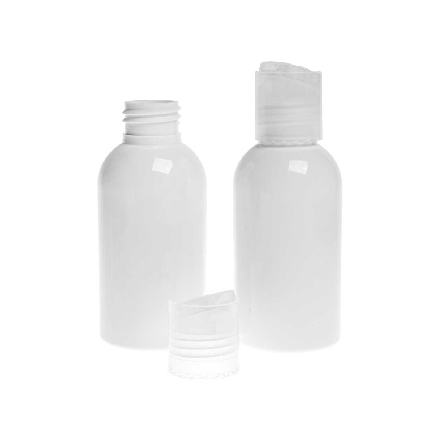 Bouteille en plastique blanche, bouchon disc-top transparent, 150 ml
