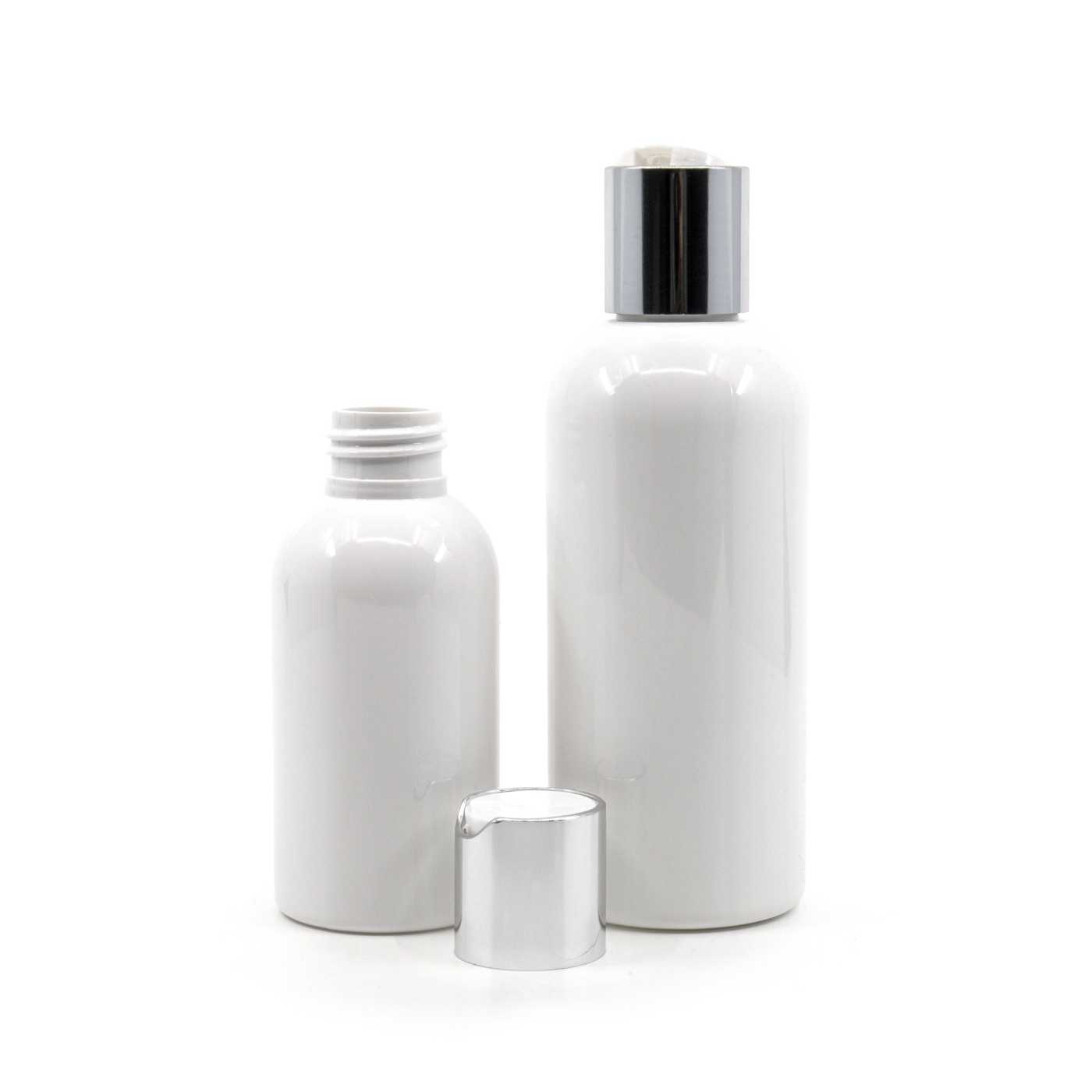 Bouteille en plastique blanche, 150 ml, bouchon flip-top argenté