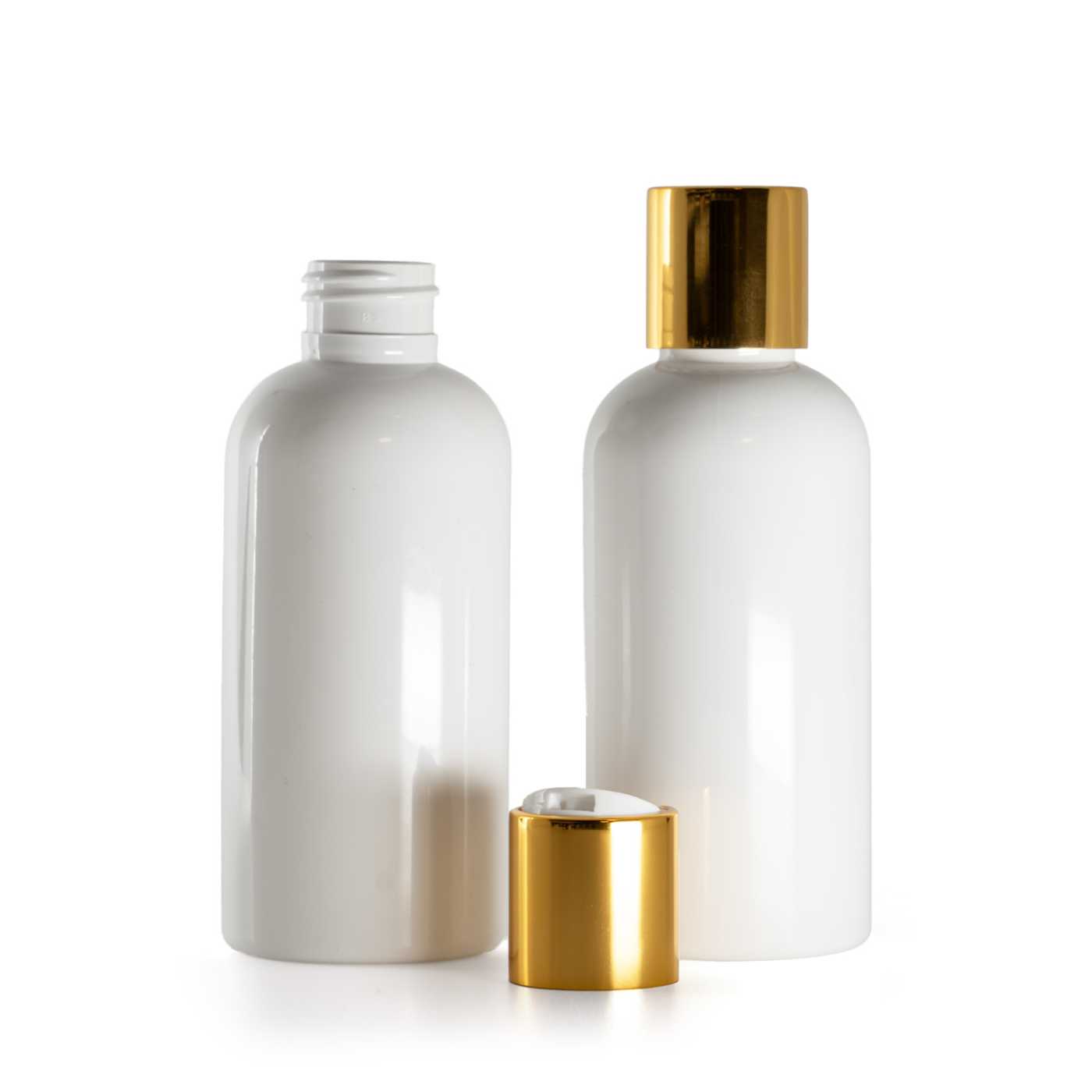 Flacon en plastique blanc, bouchon disc-top doré avec centre blanc, 150 ml