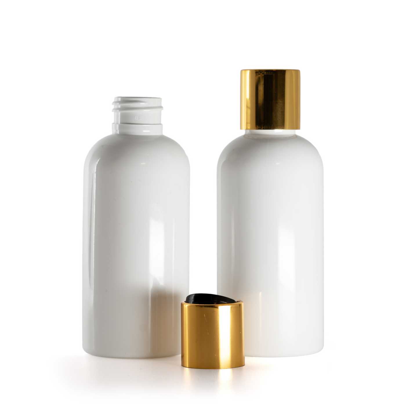 Flacon en plastique blanc, bouchon disc-top en plastique noir avec bague en aluminium doré, 150 ml