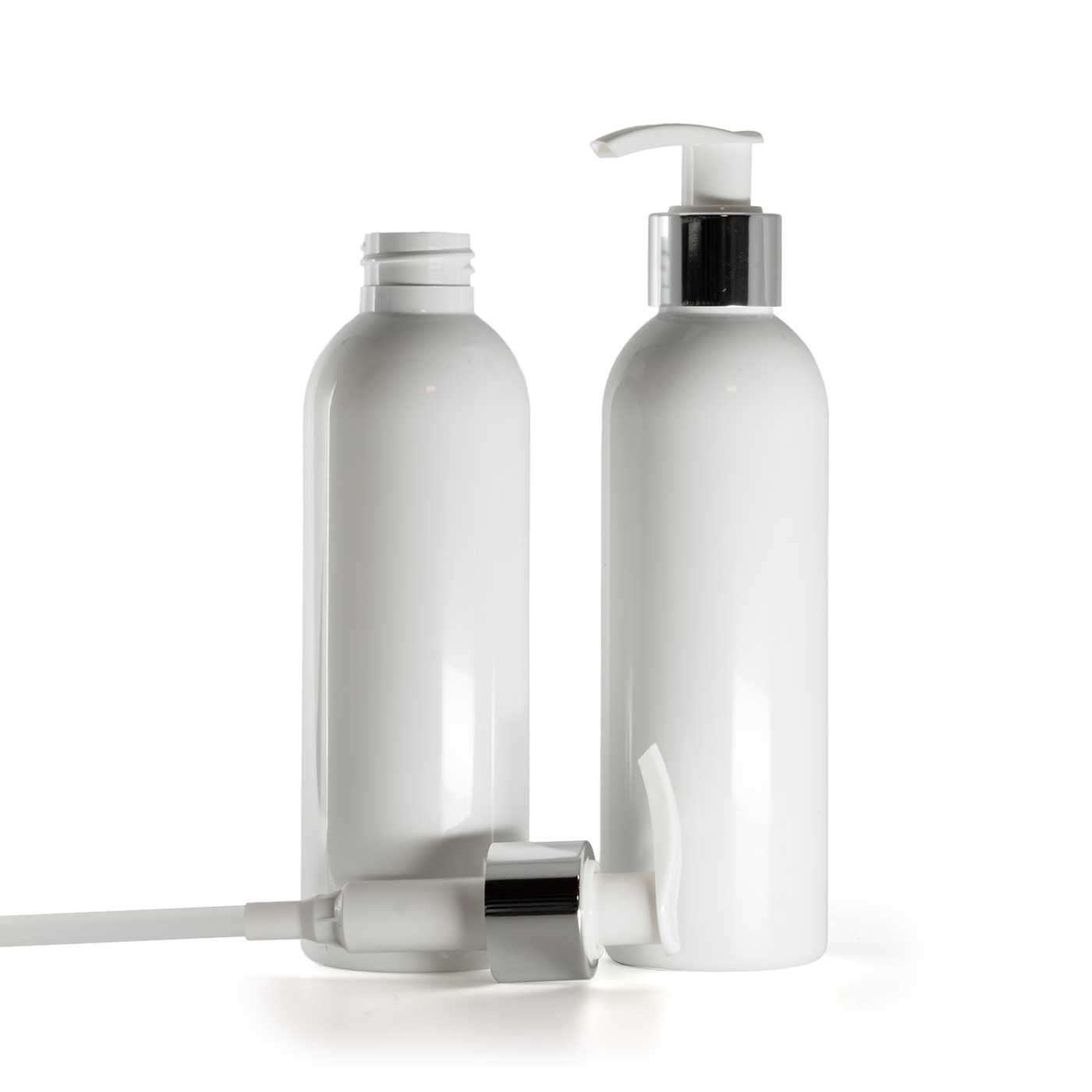 Flacon en plastique blanc, distributeur blanc avec bague argentée, 200 ml