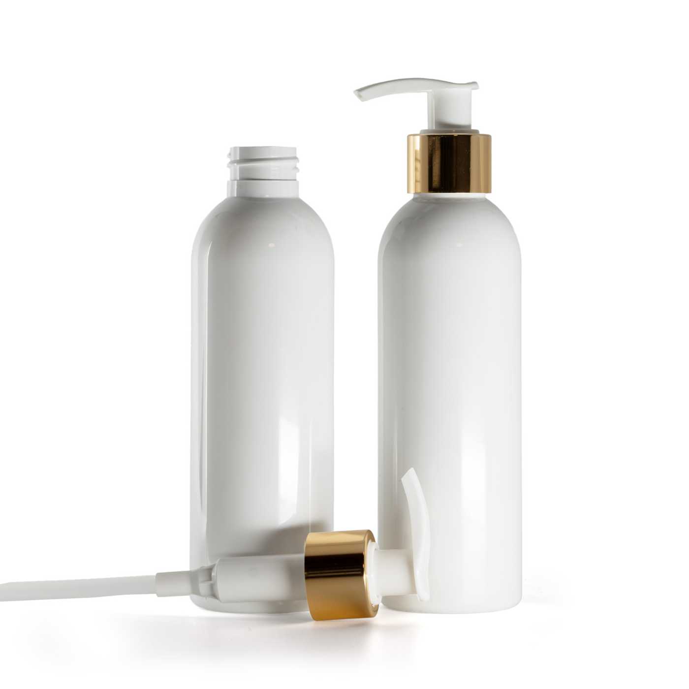 Bouteille en plastique blanche, pompe blanche avec bague dorée lisse, 200 ml