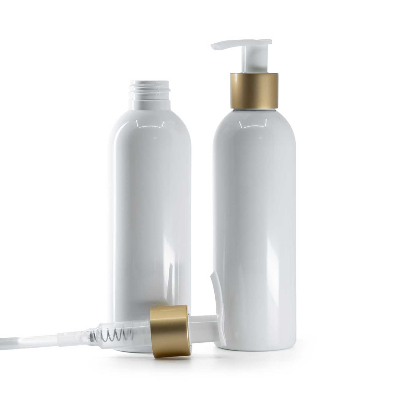 Bouteille en plastique blanche, pompe crème blanche avec bague or mat, 200 ml