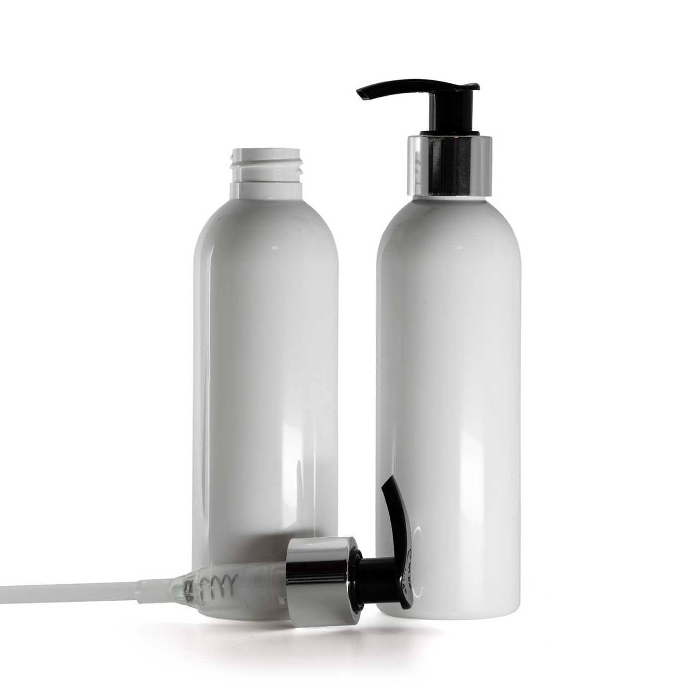 Bouteille en plastique blanche, distributeur noir et argenté, 200 ml