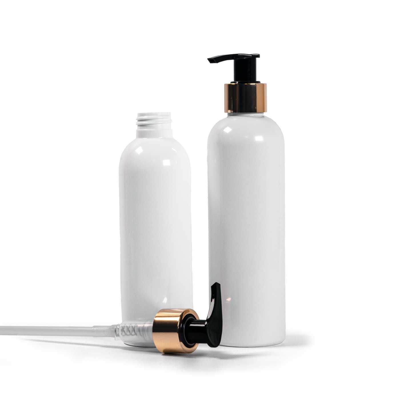 Bouteille en plastique blanche, pompe en plastique dorée, 200 ml