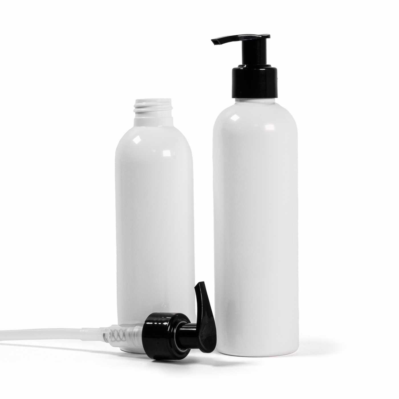 Bouteille en plastique blanche, distributeur noir, 200 ml